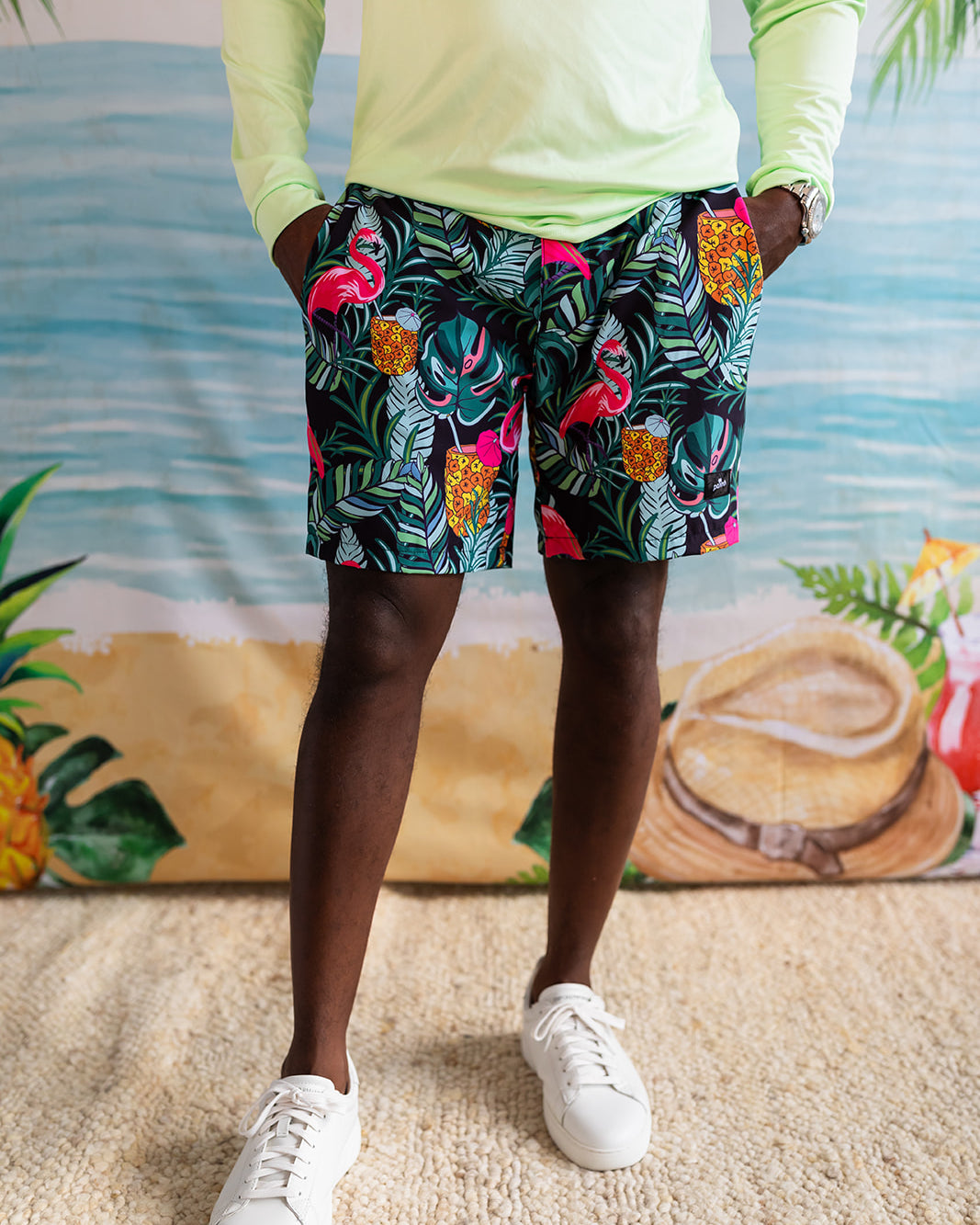 Palmr Style Baha Palm Hybrid Swim Shorts Mens Black Green Palm Leaf Flamingo Pineapple boardshorts beach bar Resort wear Self-Care