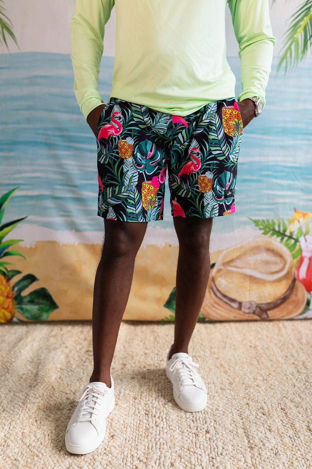 Palmr Style Baha Palm Hybrid Swim Shorts Mens Black Green Palm Leaf Flamingo Pineapple boardshorts beach bar Resort wear Self-Care