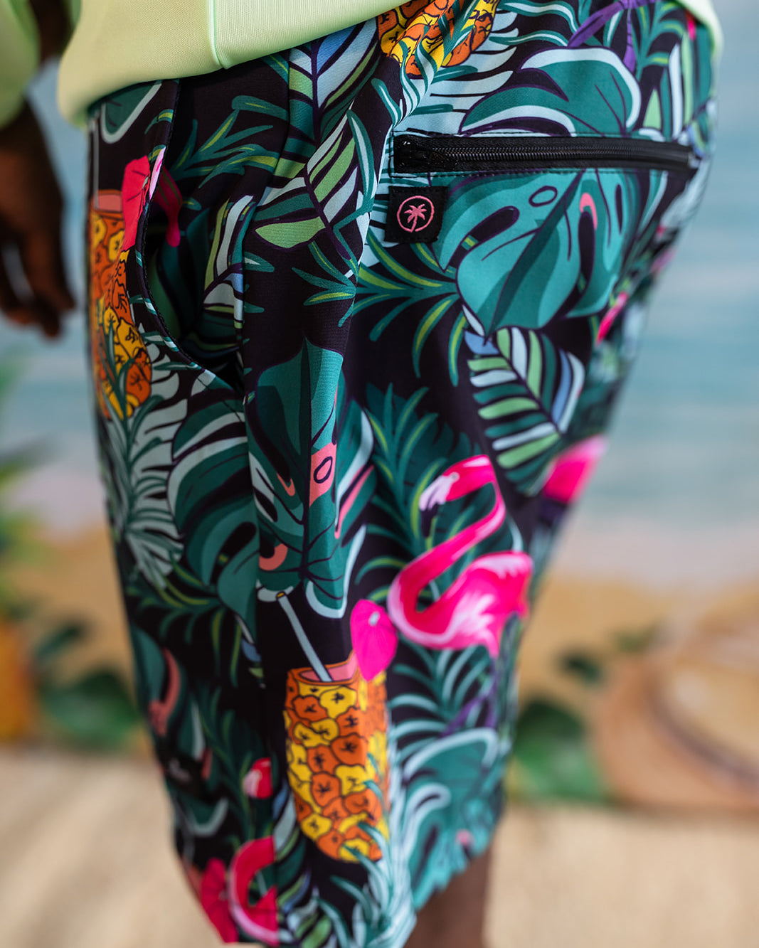 Palmr Style Baha Palm Hybrid Swim Shorts Mens Black Green Palm Leaf Flamingo Pineapple boardshorts beach bar Resort wear Self-Care