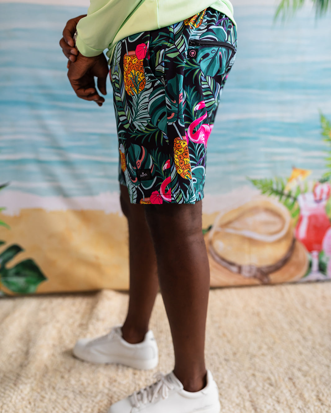 Palmr Style Baha Palm Hybrid Swim Shorts Mens Black Green Palm Leaf Flamingo Pineapple boardshorts beach bar Resort wear Self-Care