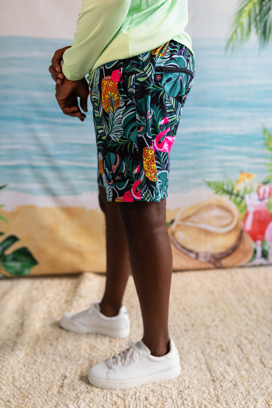 Palmr Style Baha Palm Hybrid Swim Shorts Mens Black Green Palm Leaf Flamingo Pineapple boardshorts beach bar Resort wear Self-Care