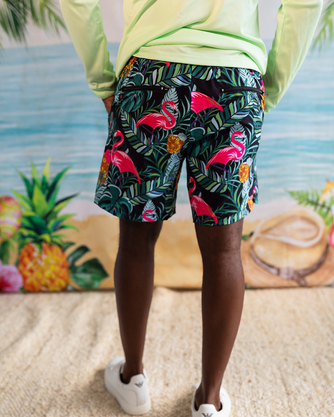 Palmr Style Baha Palm Hybrid Swim Shorts Mens Black Green Palm Leaf Flamingo Pineapple boardshorts beach bar Resort wear Self-Care