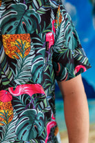 Palmr Style Baha Palm botton up short sleeve hawaiian shirt Mens Black Green Palm Leaf Flamingo Pineapple beach Resort wear Self-Care Sunglasses cleaner