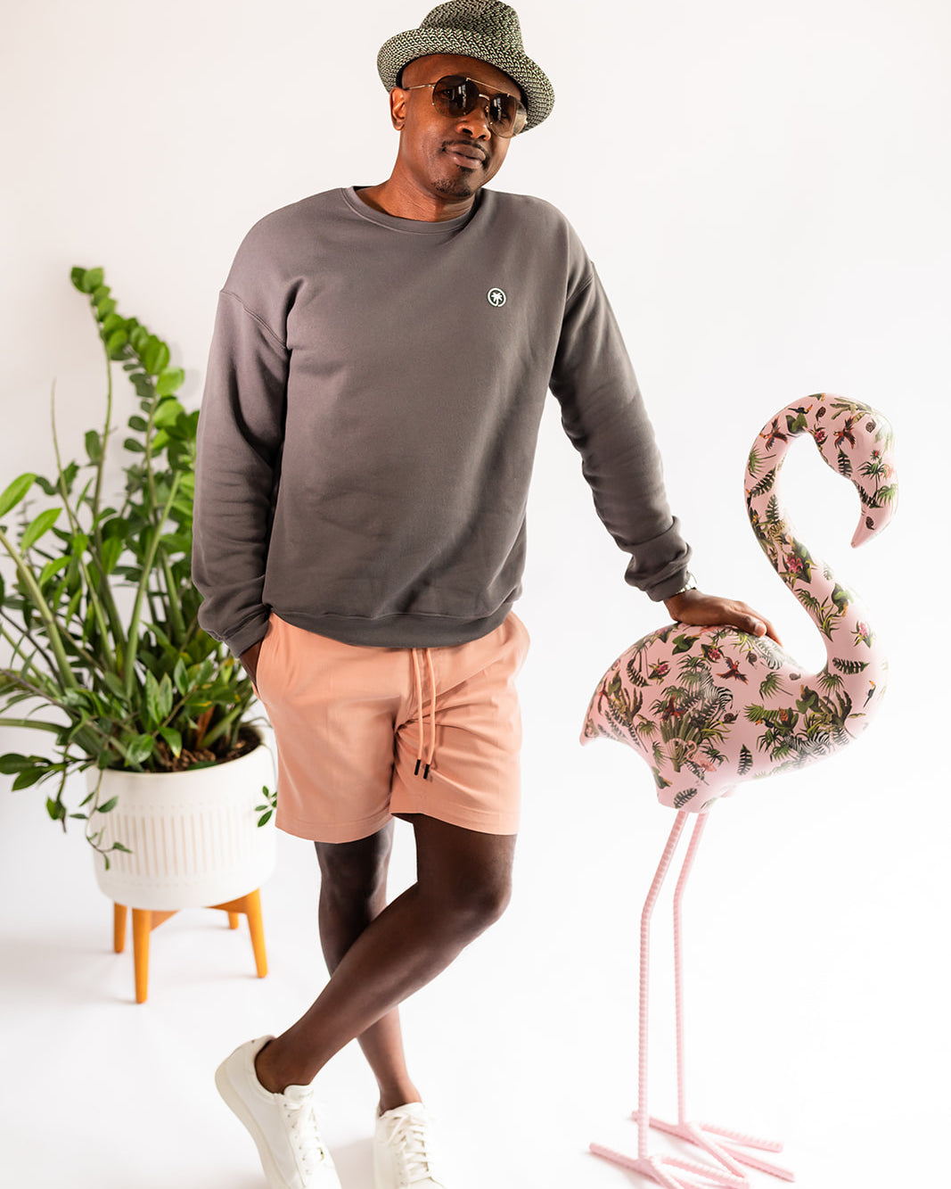 Palmr Style Mens Cloud Embrace Crewneck Sweatshirt Charcoal Grey Long Sleeve Soft Palm Tree Resort wear Self-Care