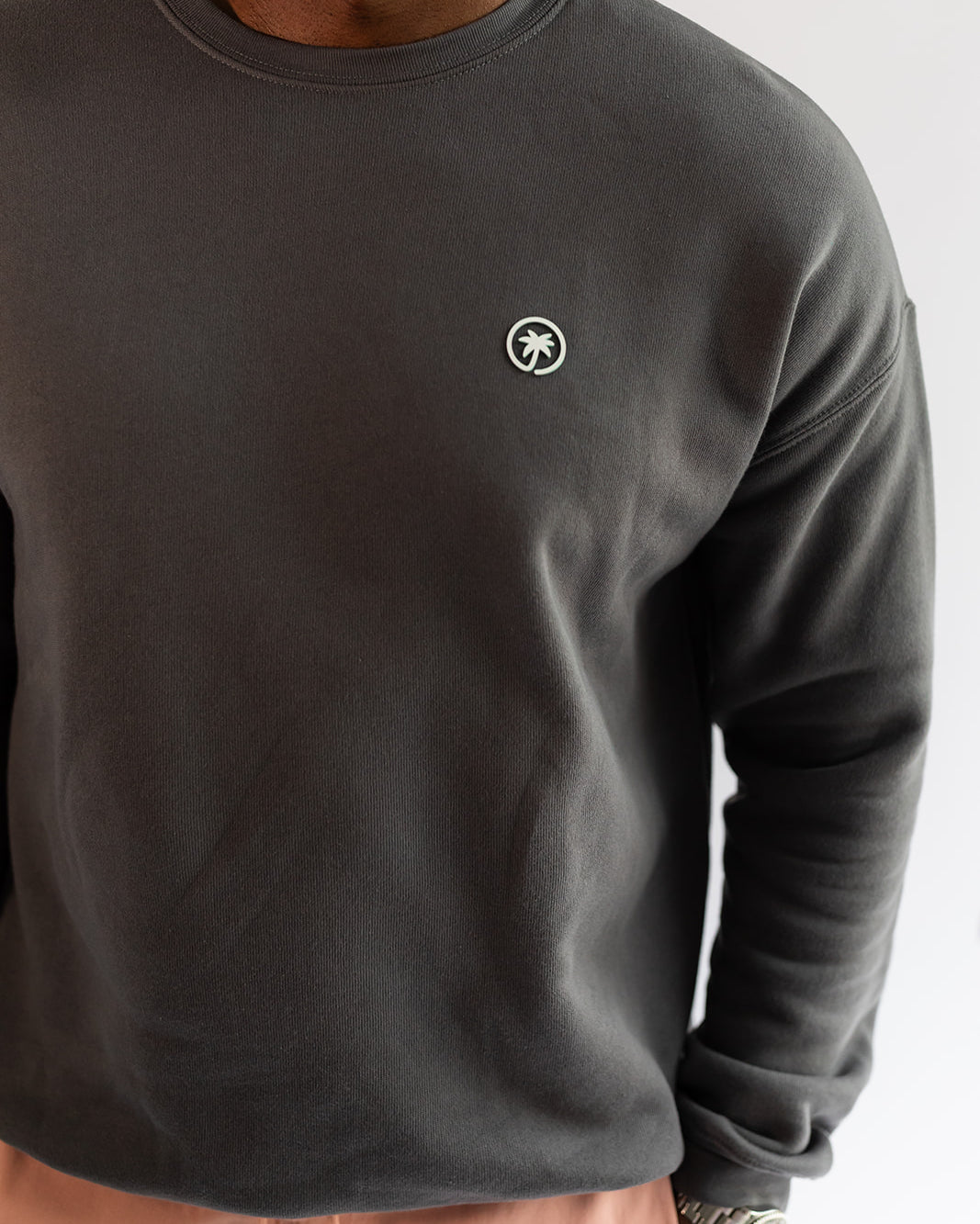 Palmr Style Mens Cloud Embrace Crewneck Sweatshirt Charcoal Grey Long Sleeve Soft Palm Tree Resort wear Self-Care