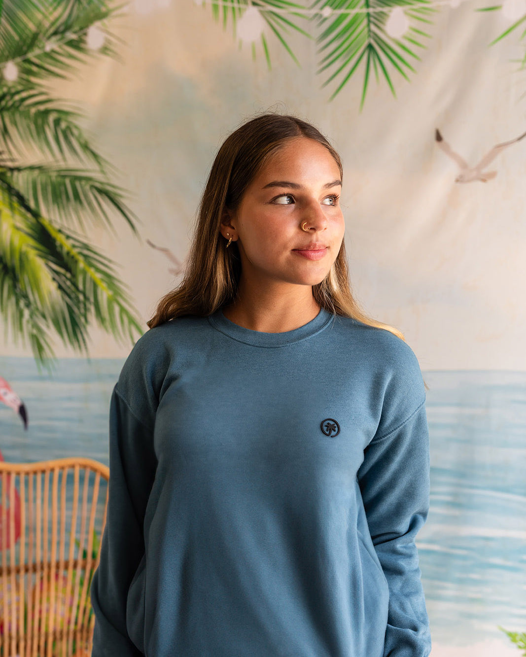 Palmr Style womens Cloud Embrace Crewneck Sweatshirt Deep Teal Long Sleeve Soft Palm Tree Resort wear Self-Care