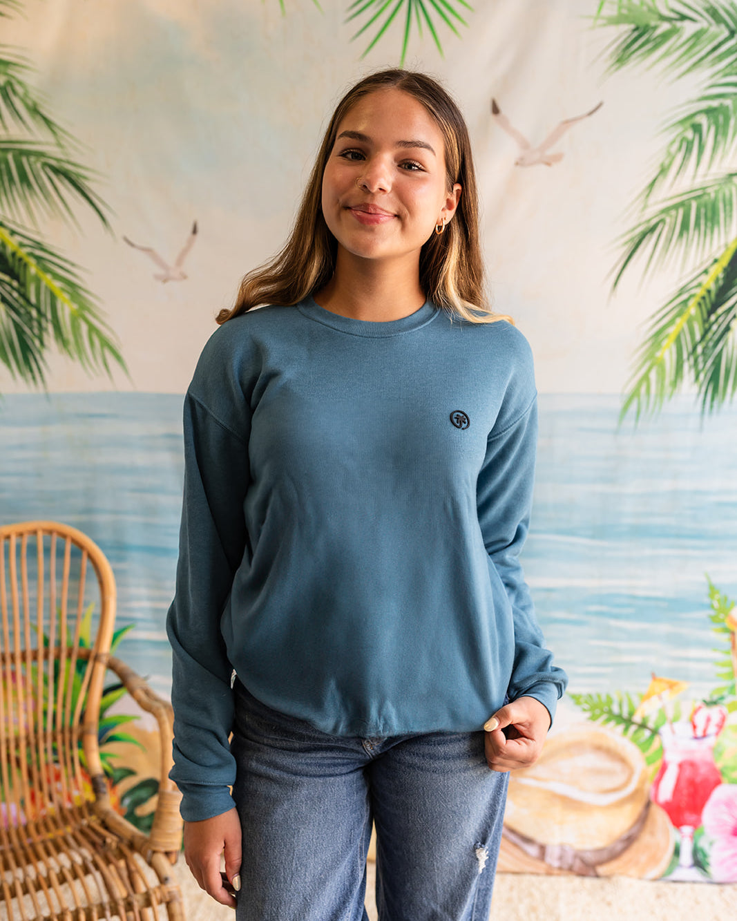 Palmr Style womens Cloud Embrace Crewneck Sweatshirt Deep Teal Long Sleeve Soft Palm Tree Resort wear Self-Care