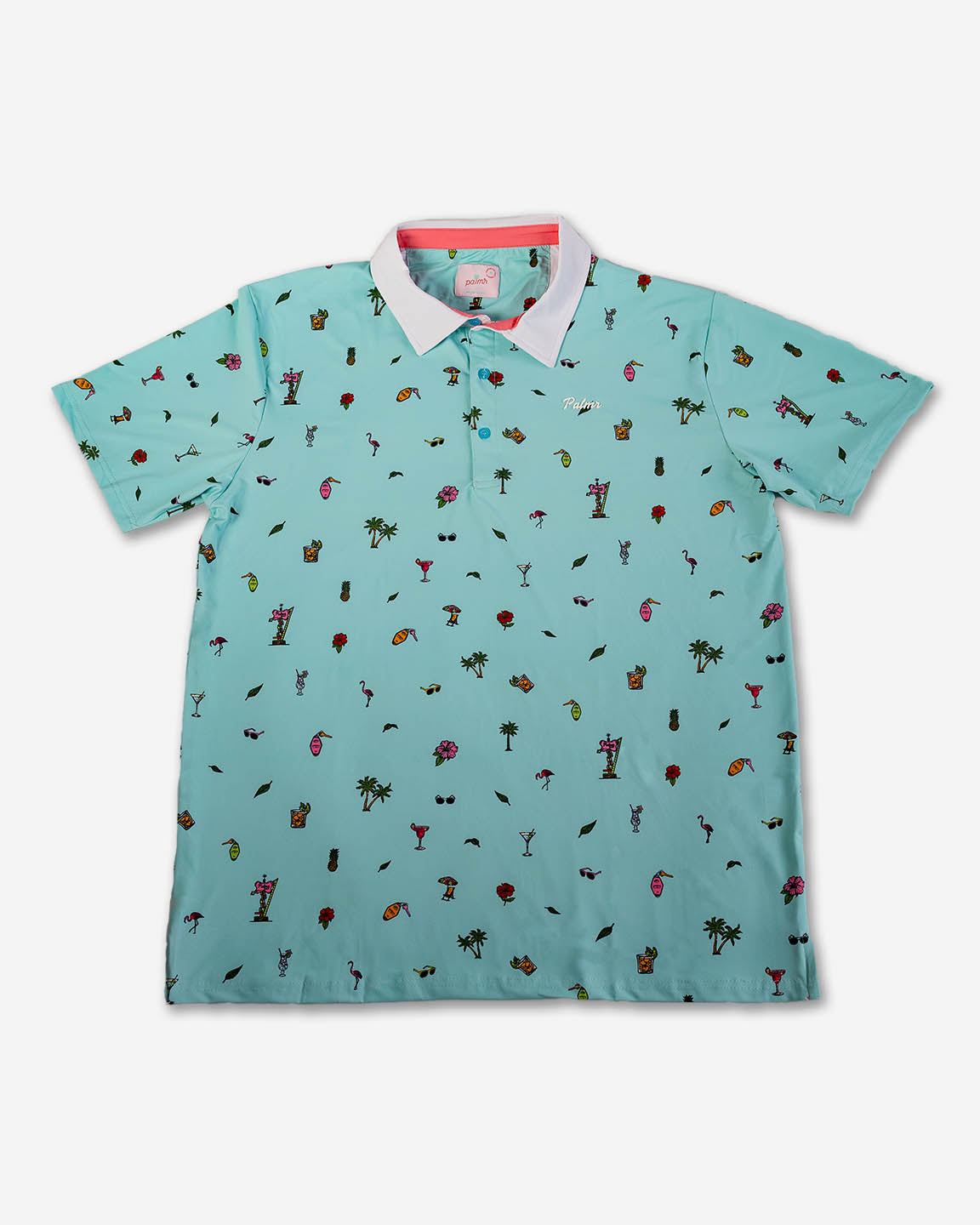 Palmr Style Mens Coastal Bay Teal Polo Palm Tree Resort Wear