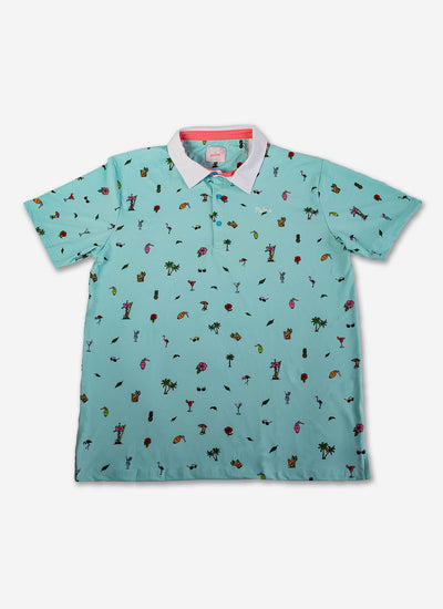 Palmr Style Mens Coastal Bay Teal Polo Palm Tree Resort Wear