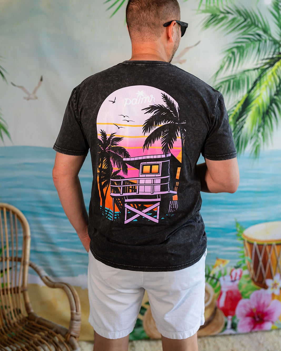 Palmr Style Mens Evening Palm Tee Shirt Vintage Stone Washed Black Soft Short Sleeve Palm Tree Beach Resort wear Self-Care