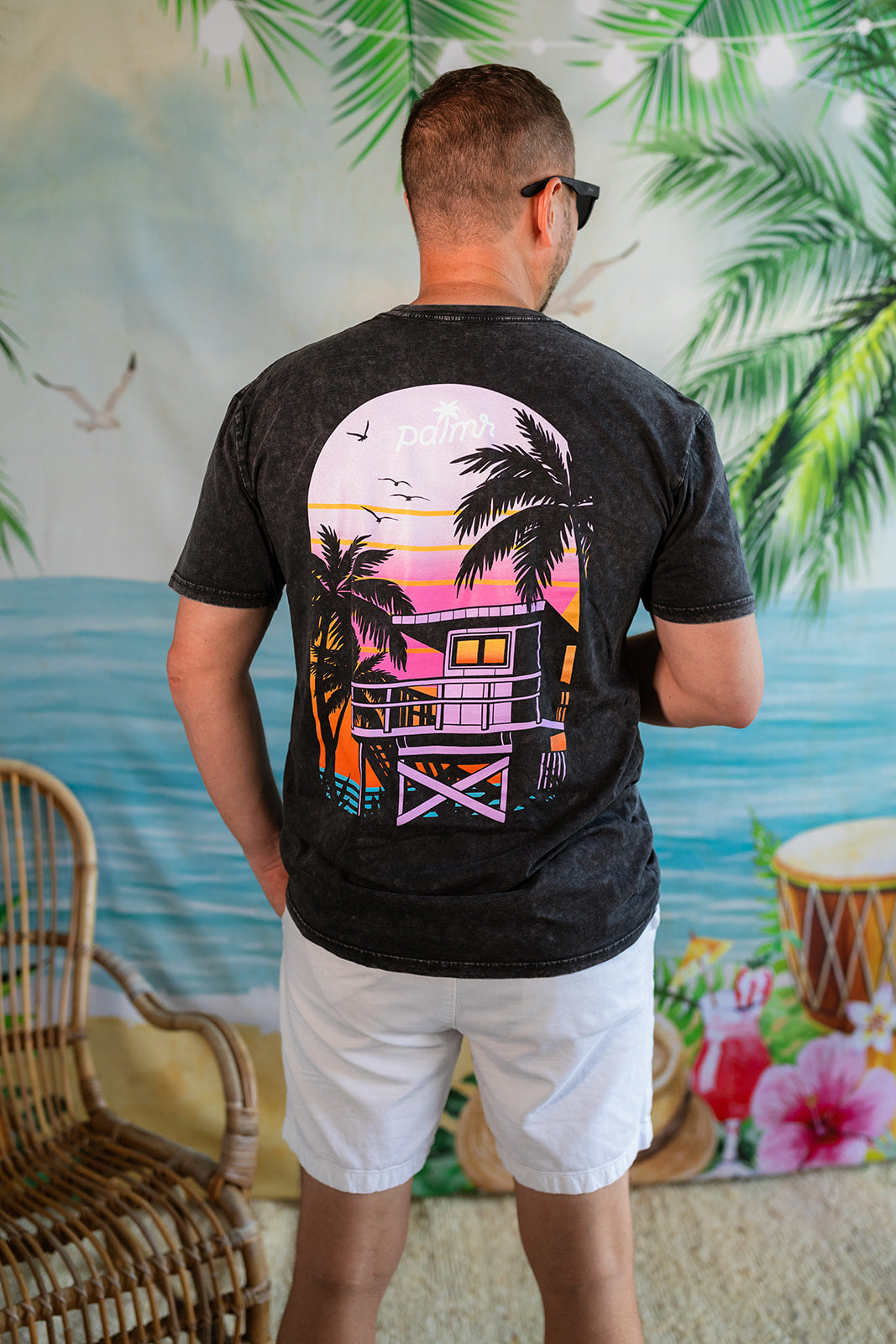 Palmr Style Mens Evening Palm Tee Shirt Vintage Stone Washed Black Soft Short Sleeve Palm Tree Beach Resort wear Self-Care