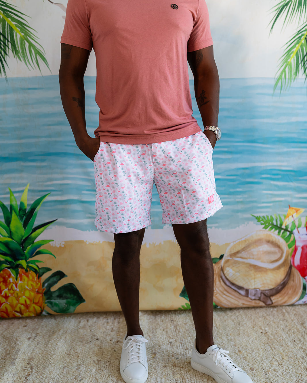 Palmr Style Flamingo Sunrise Hybrid Swim Shorts Mens white boardshorts beach bar Resort wear Self-Care