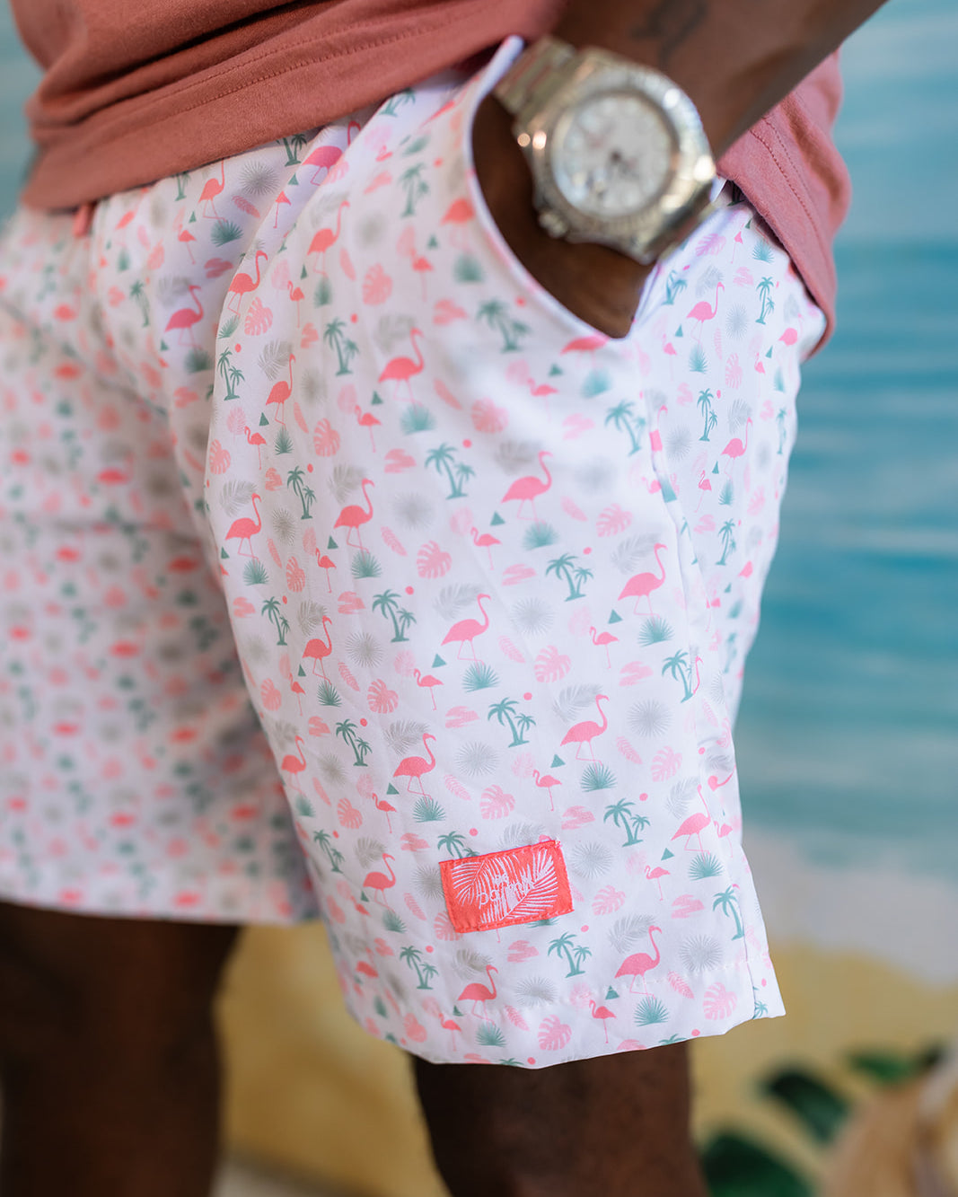 Palmr Style Flamingo Sunrise Hybrid Swim Shorts Mens white boardshorts beach bar Resort wear Self-Care