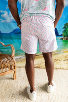 Palmr Style Flamingo Sunrise Hybrid Swim Shorts Mens white boardshorts beach bar Resort wear Self-Care