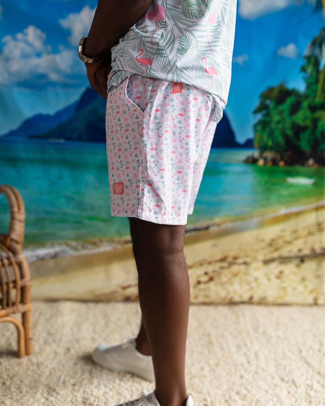 Palmr Style Flamingo Sunrise Hybrid Swim Shorts Mens white boardshorts beach bar Resort wear Self-Care