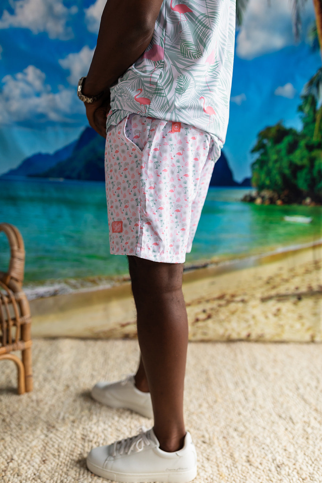 Palmr Style Flamingo Sunrise Hybrid Swim Shorts Mens white boardshorts beach bar Resort wear Self-Care