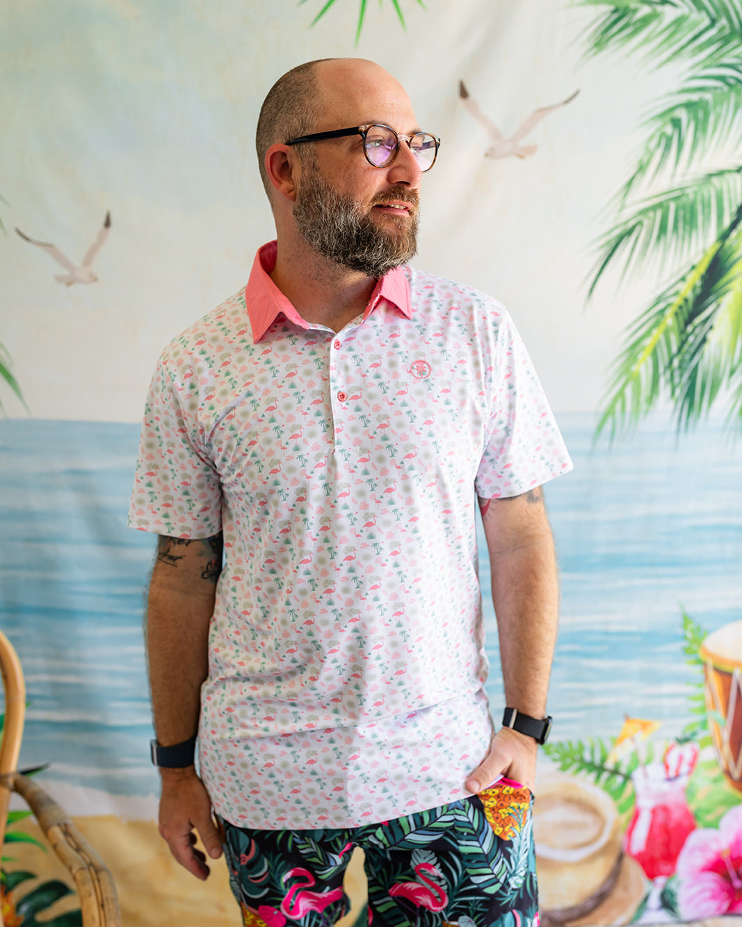 Palmr Style Mens Flamingo Sunrise Polos White Palm Tree Resort Wear Self-care T1D type 1 diabetes