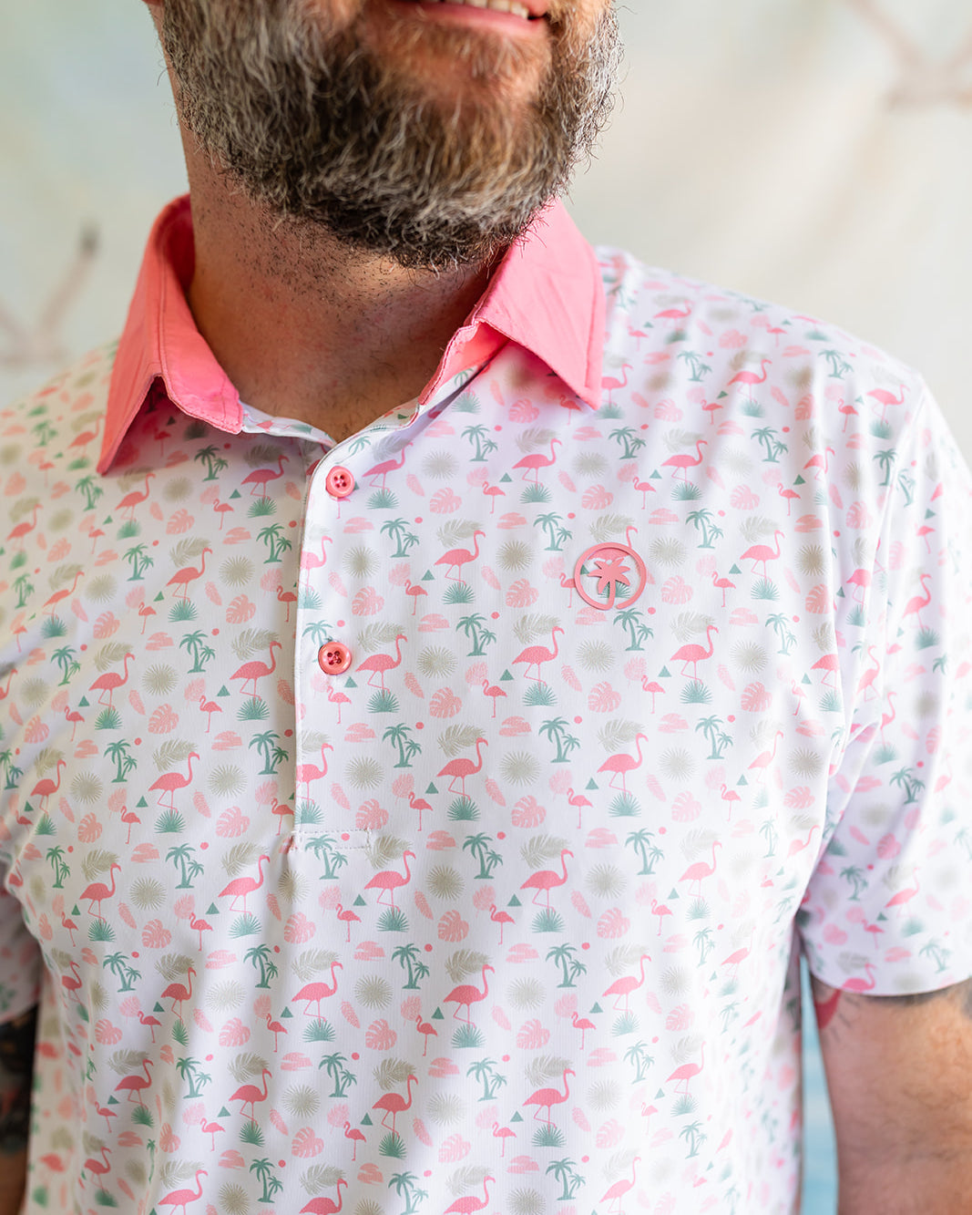 AnPalmr Style Mens Flamingo Sunrise Polos White Palm Tree Resort Wear Self-care T1D type 1 diabetes