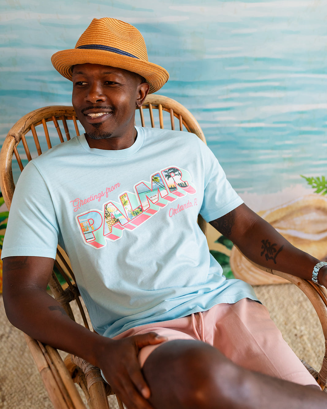 Palmr Style Mens Greeting from Short sleeve blue tshirt tropical self- care