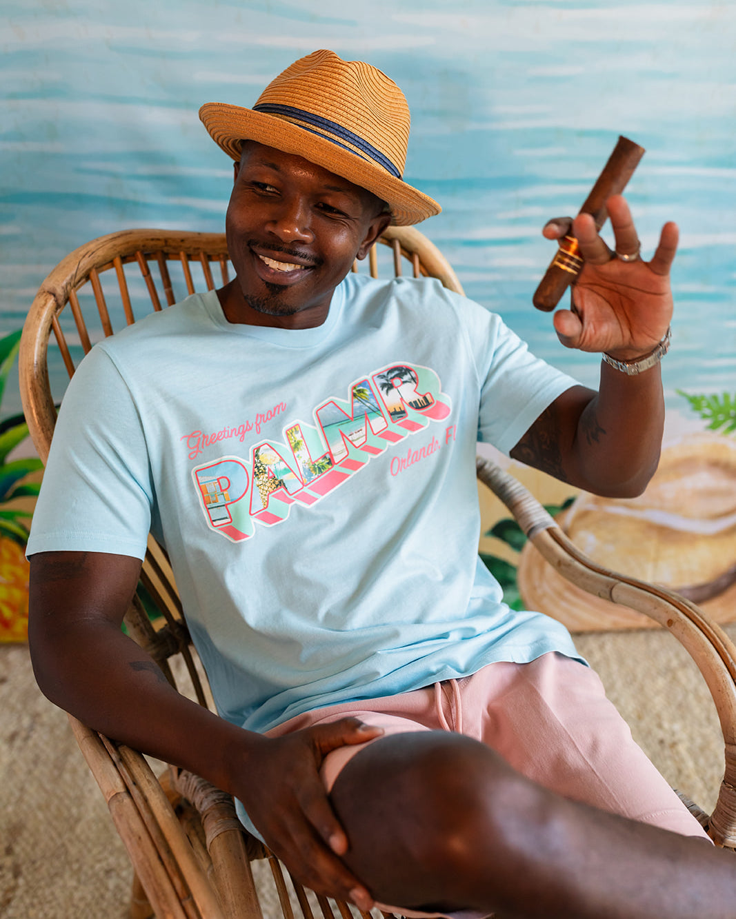 Palmr Style Mens Greeting from Short sleeve blue tshirt tropical self- care