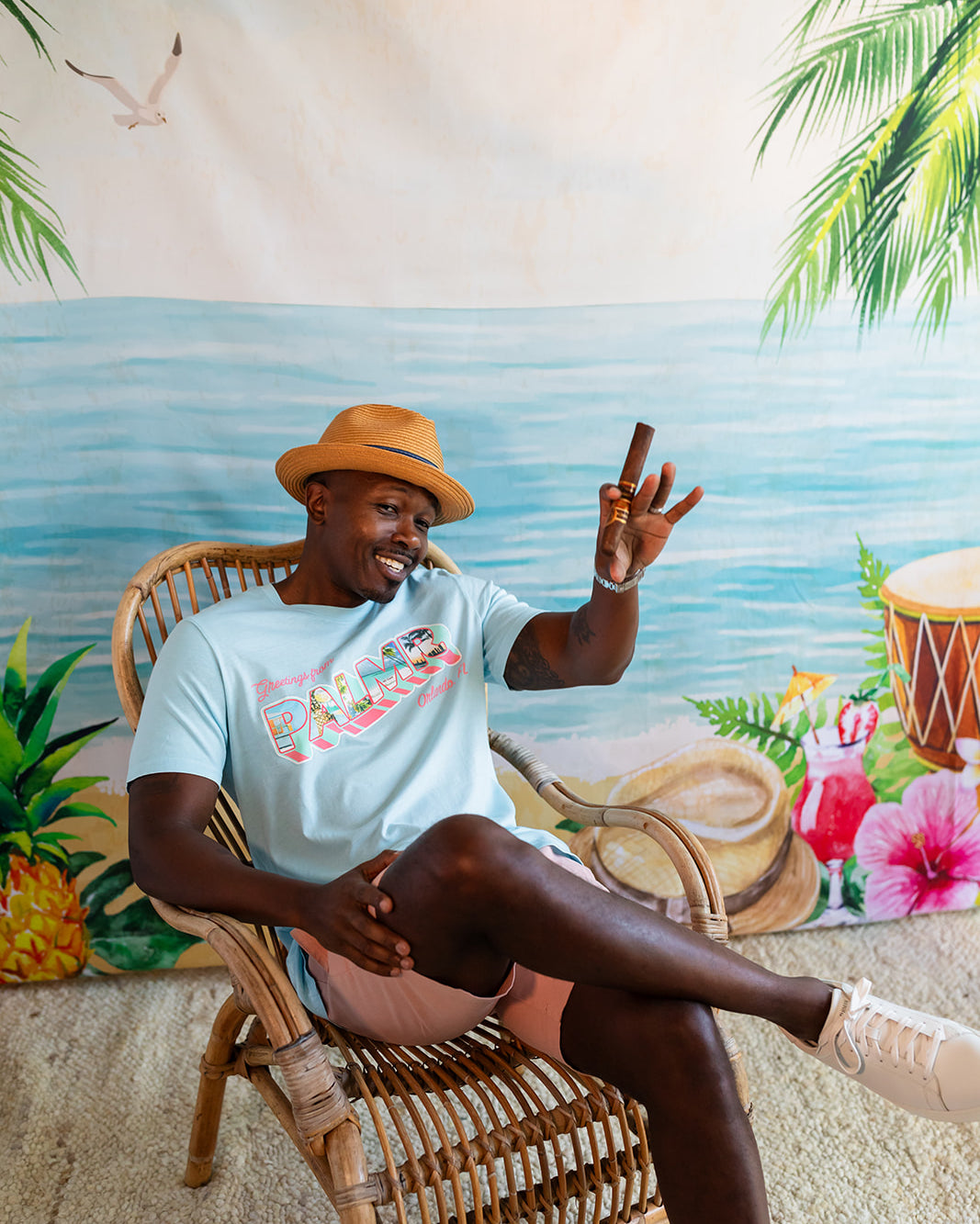 Palmr Style Mens Greeting from Short sleeve blue tshirt tropical self- care