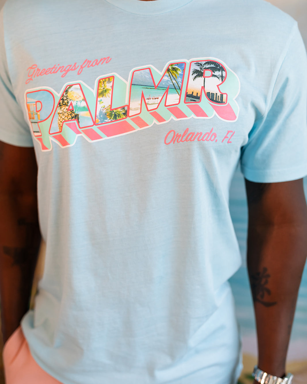 Palmr Style Mens Greeting from Short sleeve blue tshirt tropical self- care