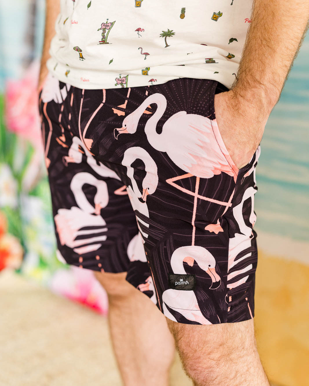 Palmr Style Mens Night Flamingo Hybrid Swim Shorts Black pink Resort Wear Selfcare T1D