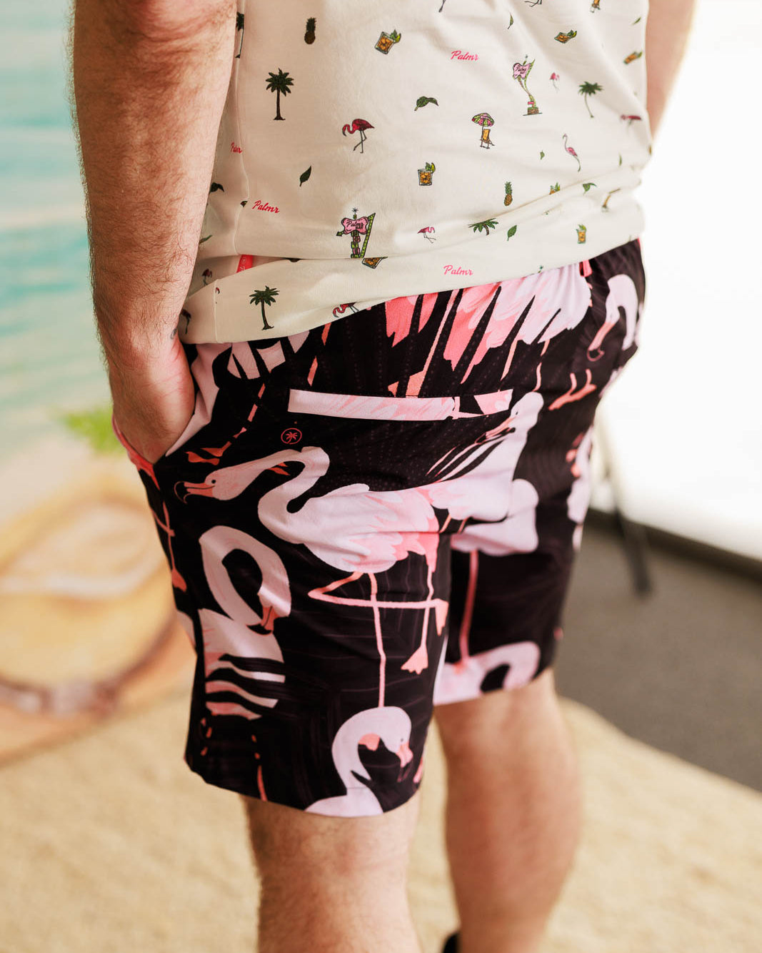 Palmr Style Mens Night Flamingo Hybrid Swim Shorts Black pink Resort Wear Selfcare T1D
