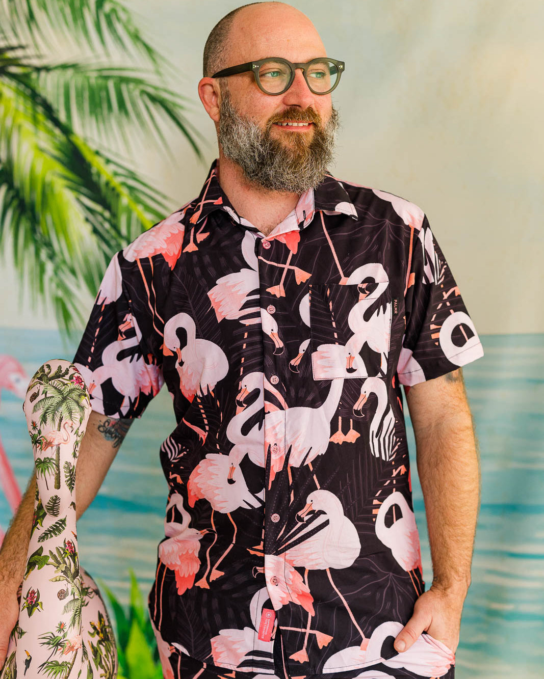 Palmr Style Mens Night Flamingo button up Short sleeve hawaiian shirt Black pink Resort Wear Selfcare T1D