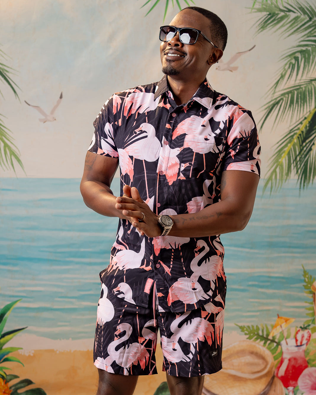 Palmr Style Mens Night Flamingo button up Short sleeve hawaiian shirt Black pink Resort Wear Selfcare T1D