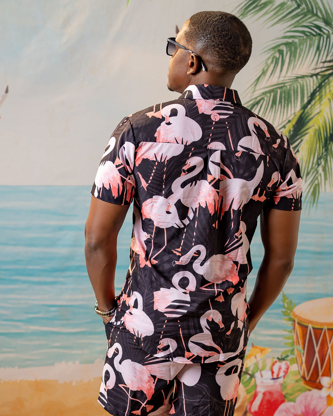 Palmr Style Mens Night Flamingo button up Short sleeve hawaiian shirt Black pink Resort Wear Selfcare T1D