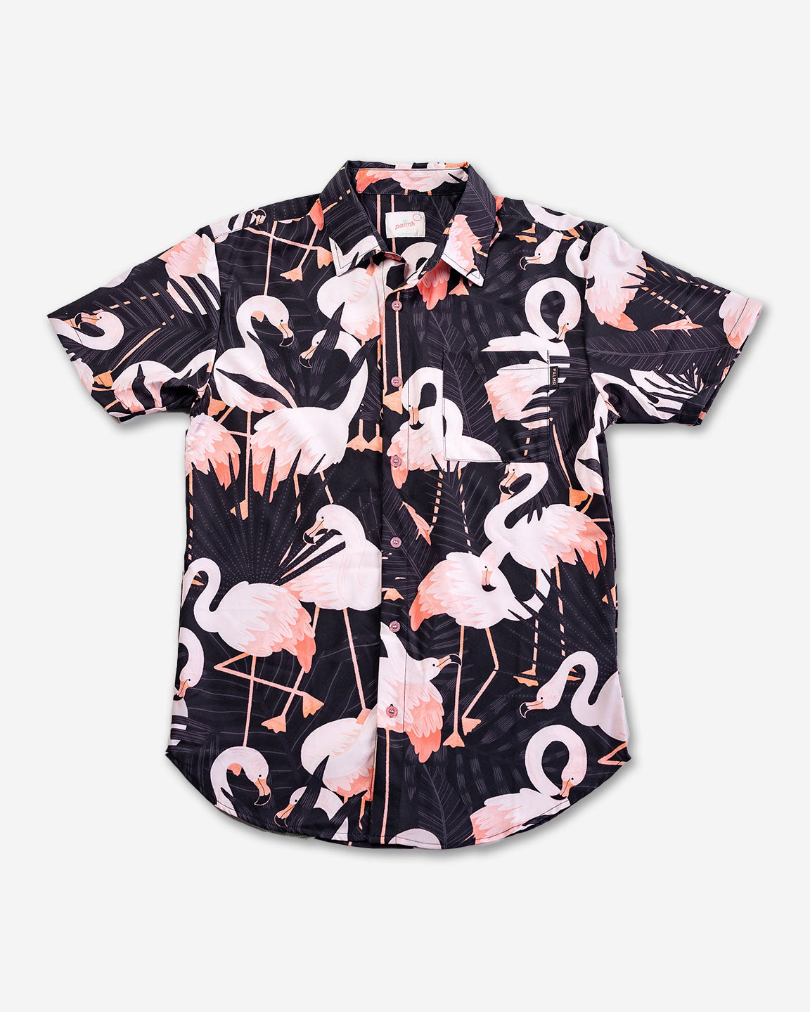 Palmr Style Mens Night Flamingo button up Short sleeve hawaiian shirt Black pink Resort Wear Selfcare T1D