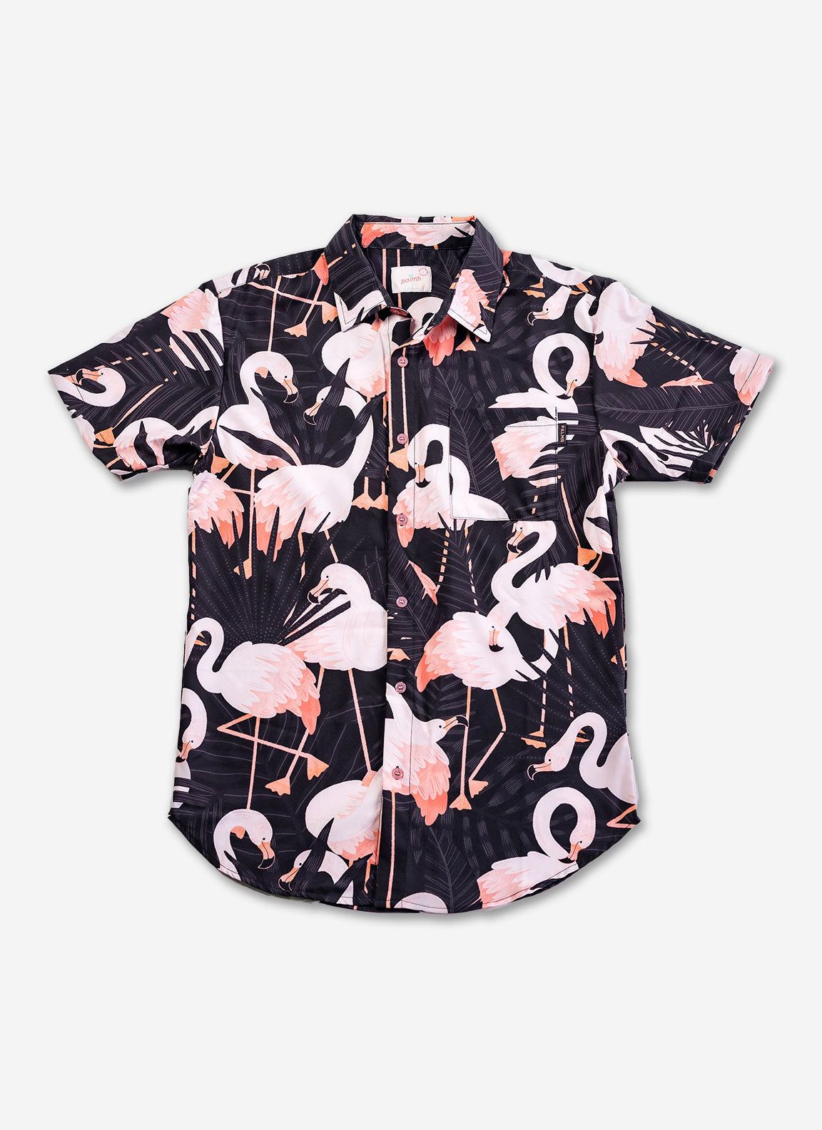 Palmr Style Mens Night Flamingo button up Short sleeve hawaiian shirt Black pink Resort Wear Selfcare T1D