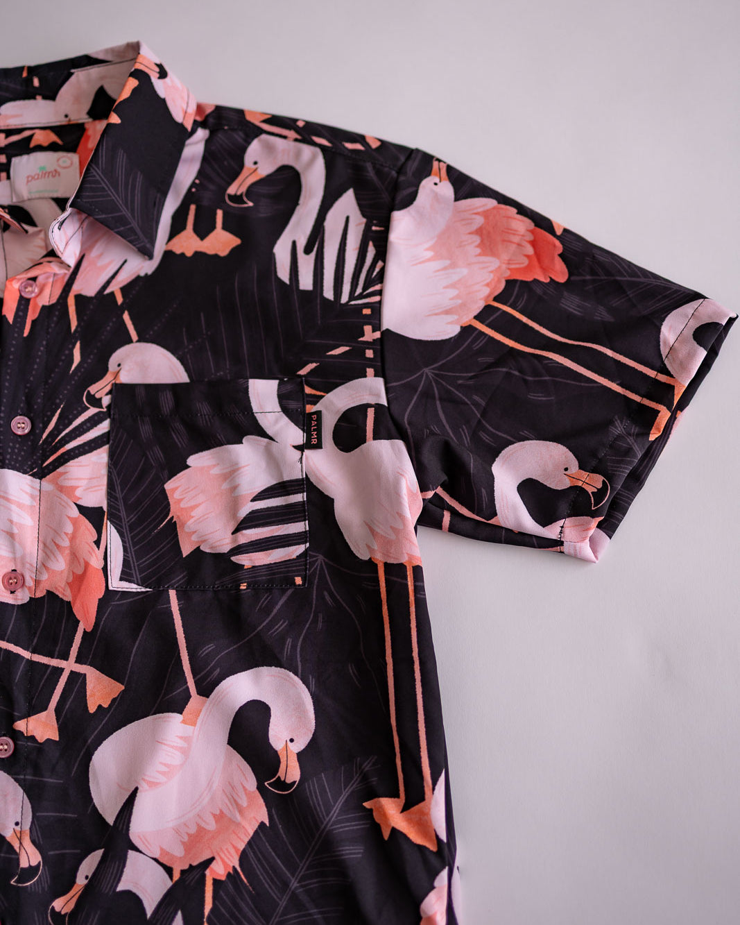 Palmr Style Mens Night Flamingo button up Short sleeve hawaiian shirt Black pink Resort Wear Selfcare T1D