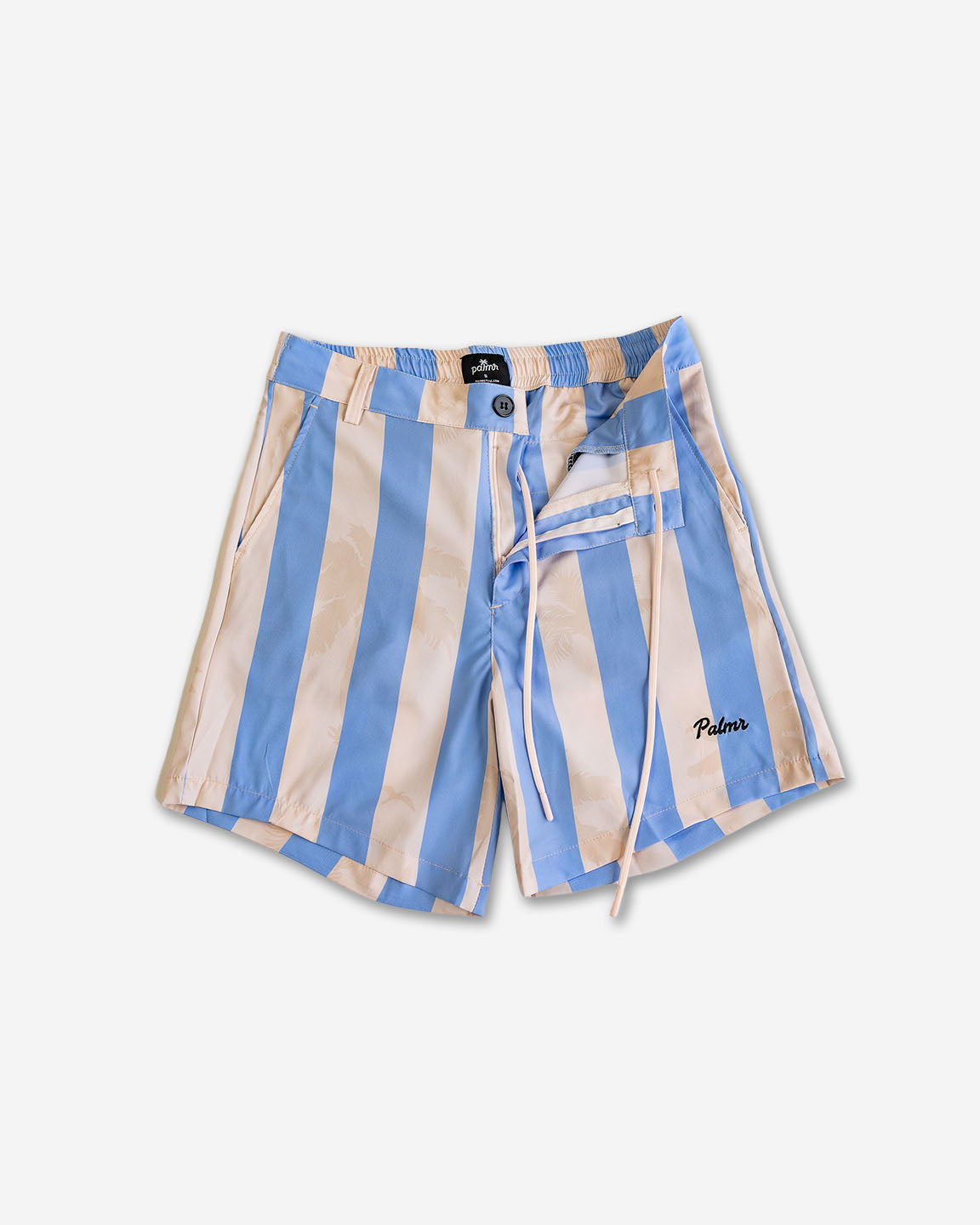 Palmr Style Mens Ronnie Hybrid Swim Shorts Blue Tan Stripe Palm leaf Resort Wear