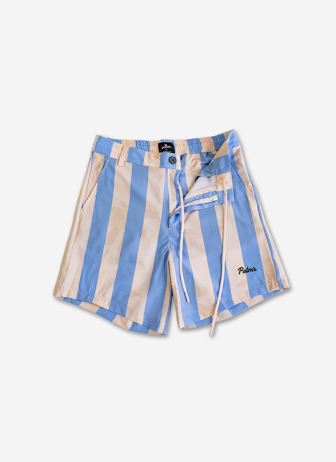 Palmr Style Mens Ronnie Hybrid Swim Shorts Blue Tan Stripe Palm leaf Resort Wear