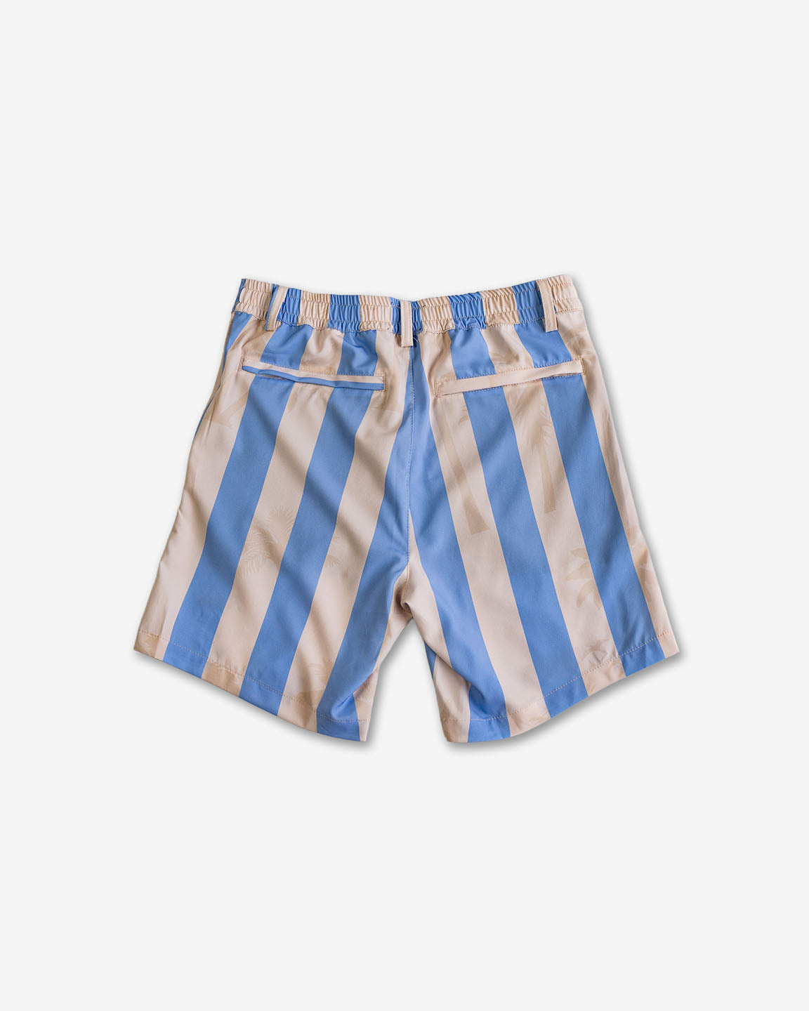 Blue and beige striped shorts on a white background