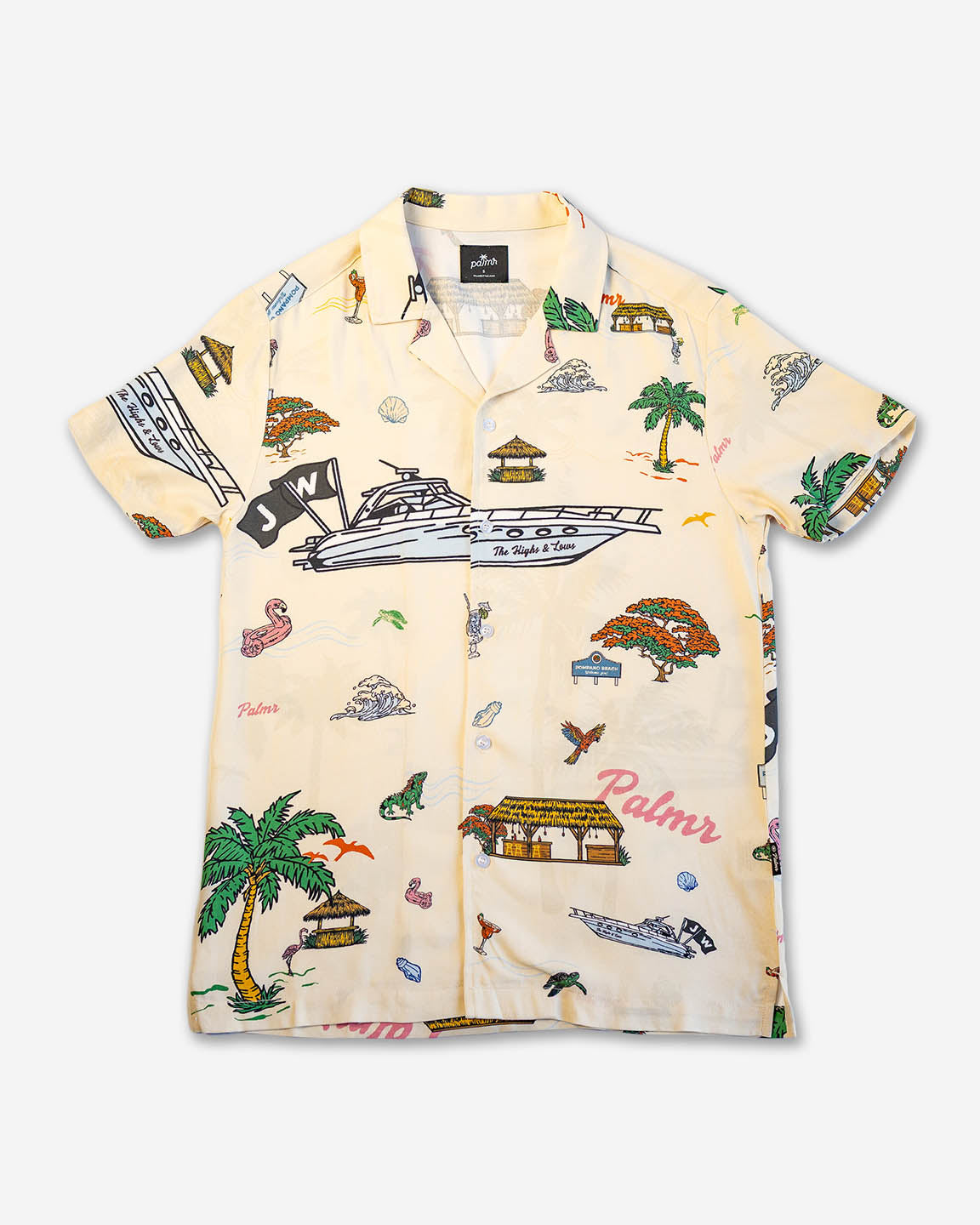 Beige Hawaiian shirt with tropical pattern on a white background