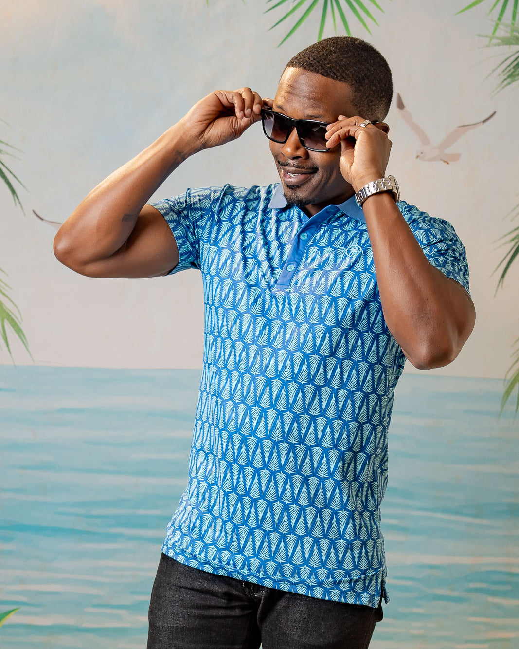 Palmr Style Mens T1D Drive Polos Blue Palm Resort Wear Self-care T1D type1diabetes