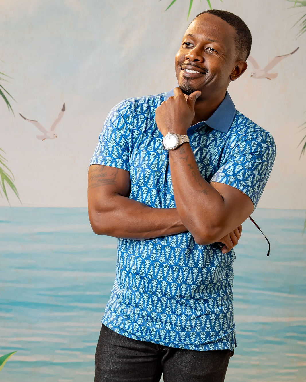 Palmr Style Mens T1D Drive Polos Blue Palm Resort Wear Self-care T1D type1diabetes