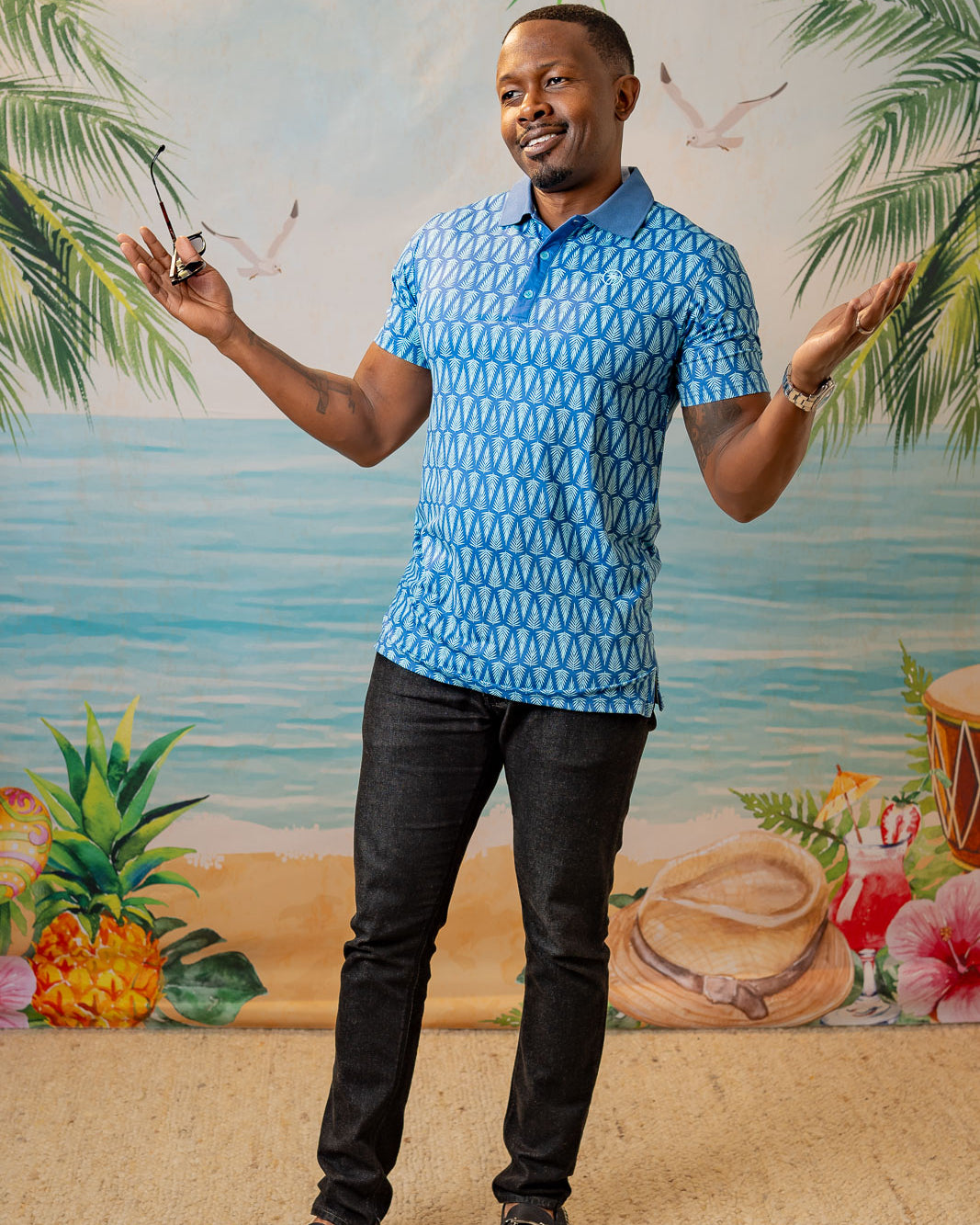 Palmr Style Mens T1D Drive Polos Blue Palm Resort Wear Self-care T1D type1diabetes