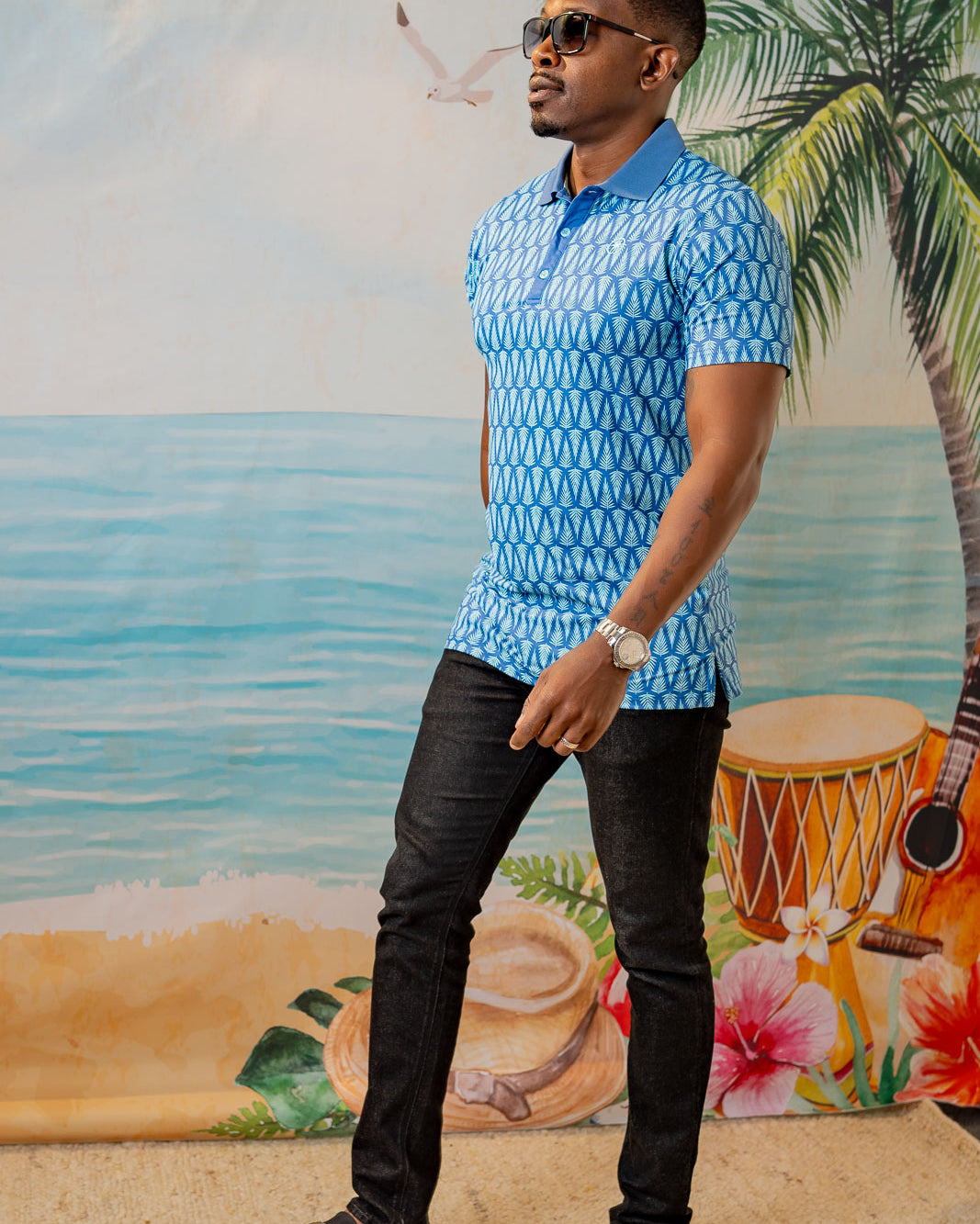 Palmr Style Mens T1D Drive Polos Blue Palm Resort Wear Self-care T1D type1diabetes