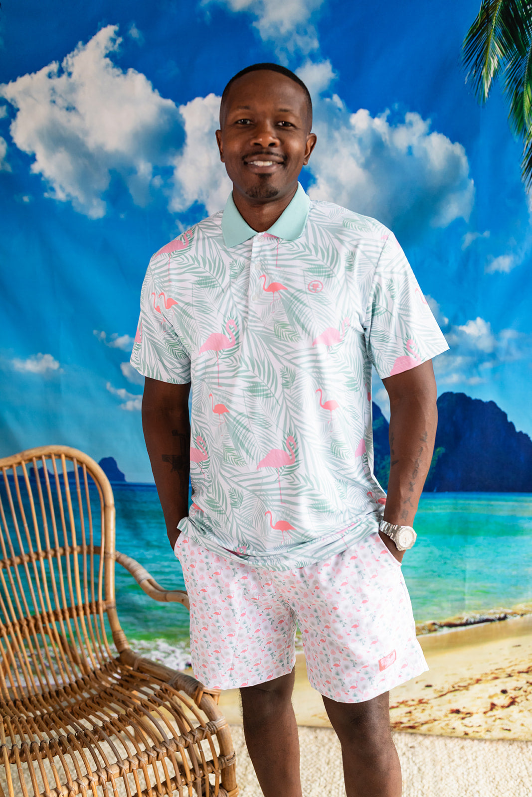 Palmr Style Mens island breeze Polos White Palm Tree Resort Wear Selfcare T1D type1diabetes