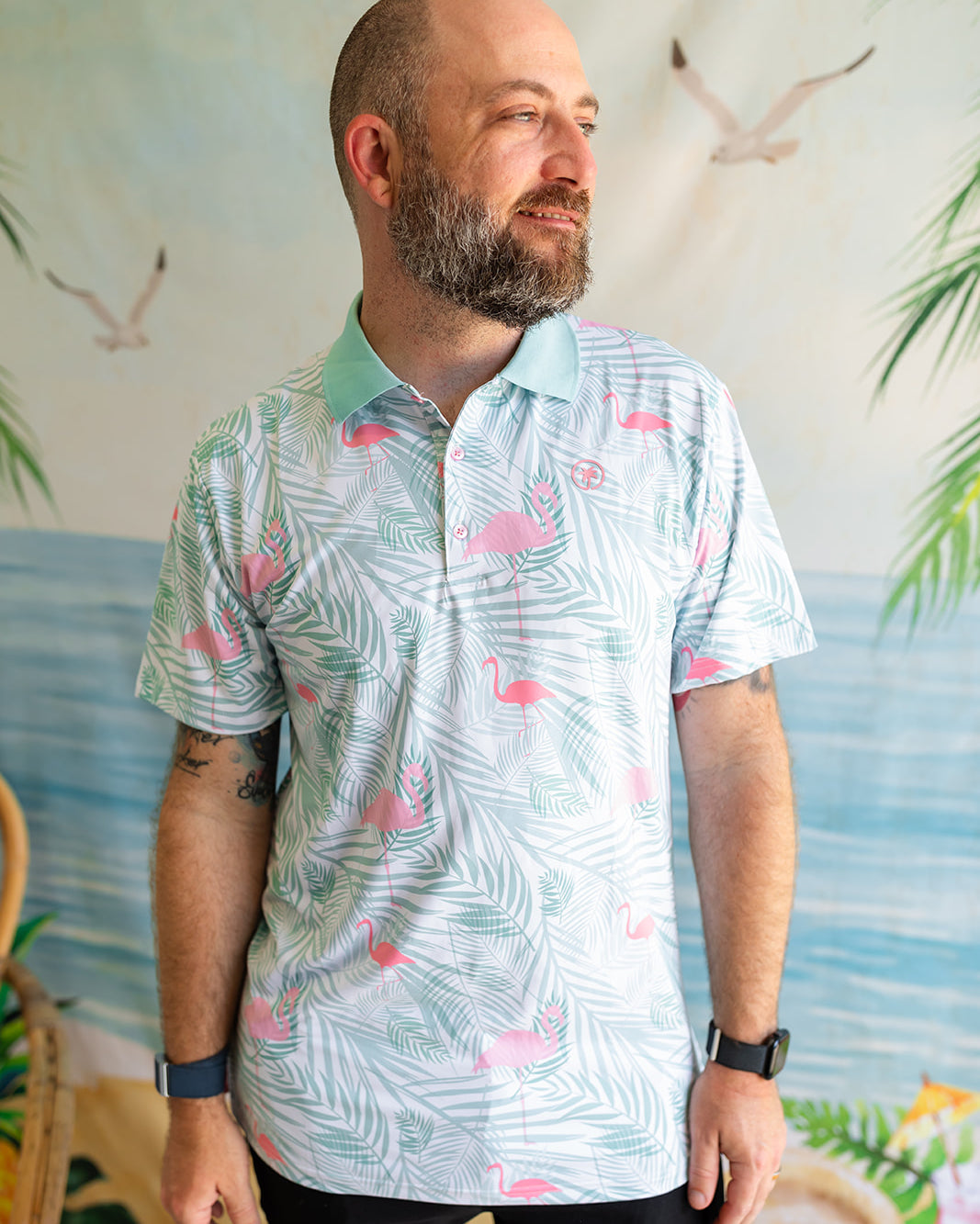 Palmr Style Mens island breeze Polos White Palm Tree Resort Wear Selfcare T1D type1diabetes