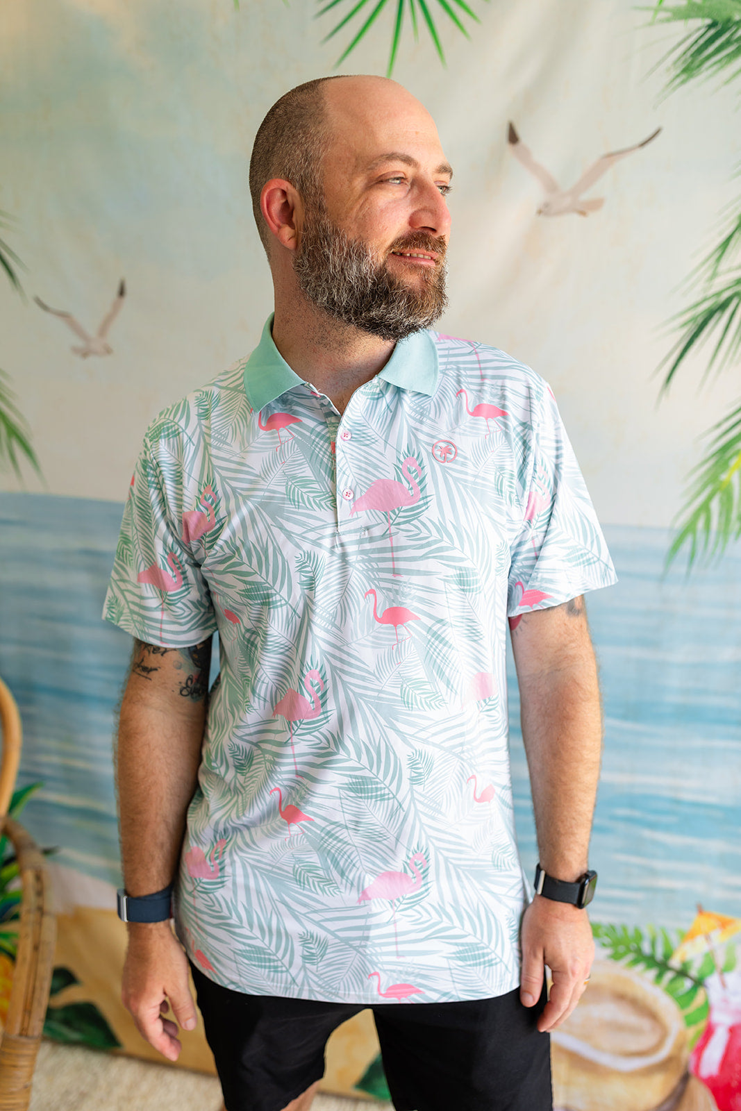 Palmr Style Mens island breeze Polos White Palm Tree Resort Wear Selfcare T1D type1diabetes