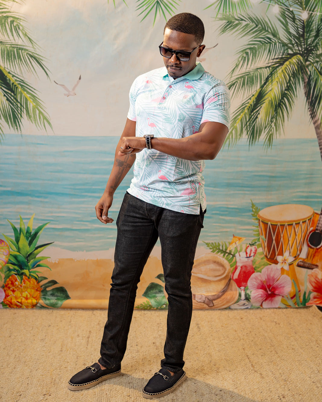 Palmr Style Mens island breeze Polos White Palm Tree Resort Wear Selfcare T1D type1diabetes