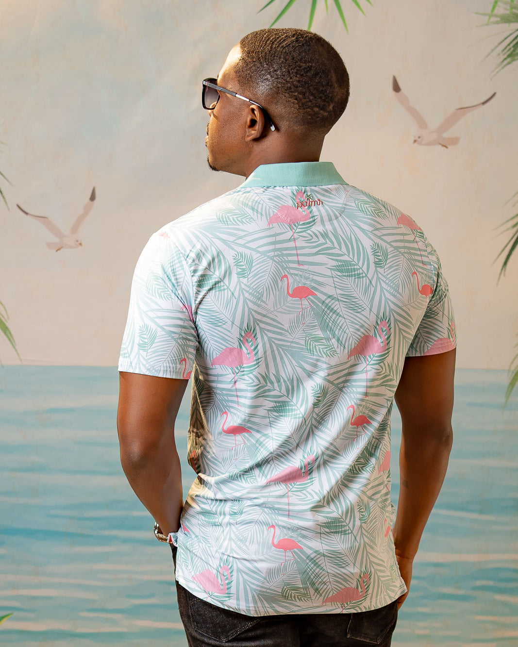 Palmr Style Mens island breeze Polos White Palm Tree Resort Wear Selfcare T1D type1diabetes