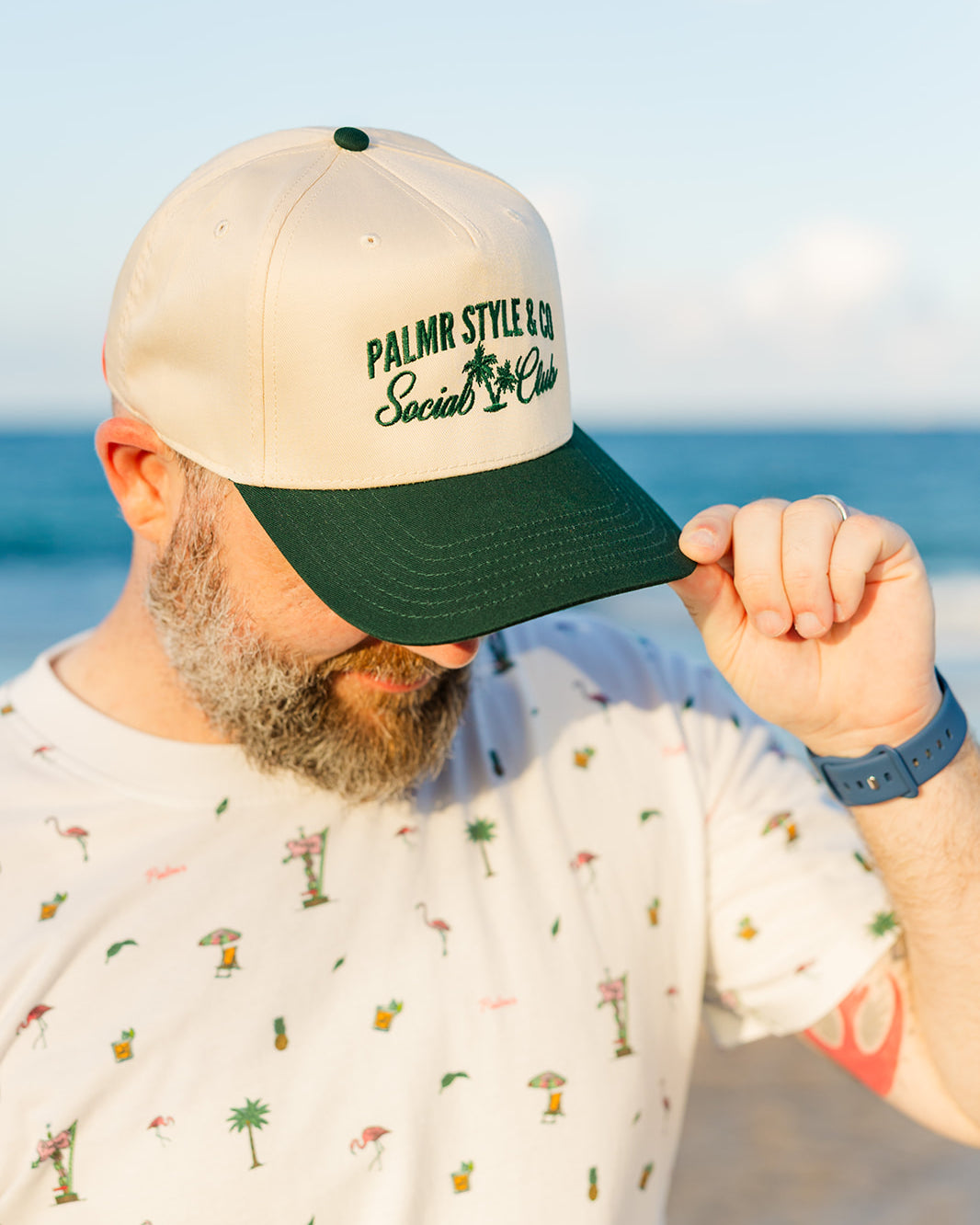 Palmr Style Social Club Hat Forest Green Natural Palm tree Resort Wear Selfcare T1D T1Dstrong