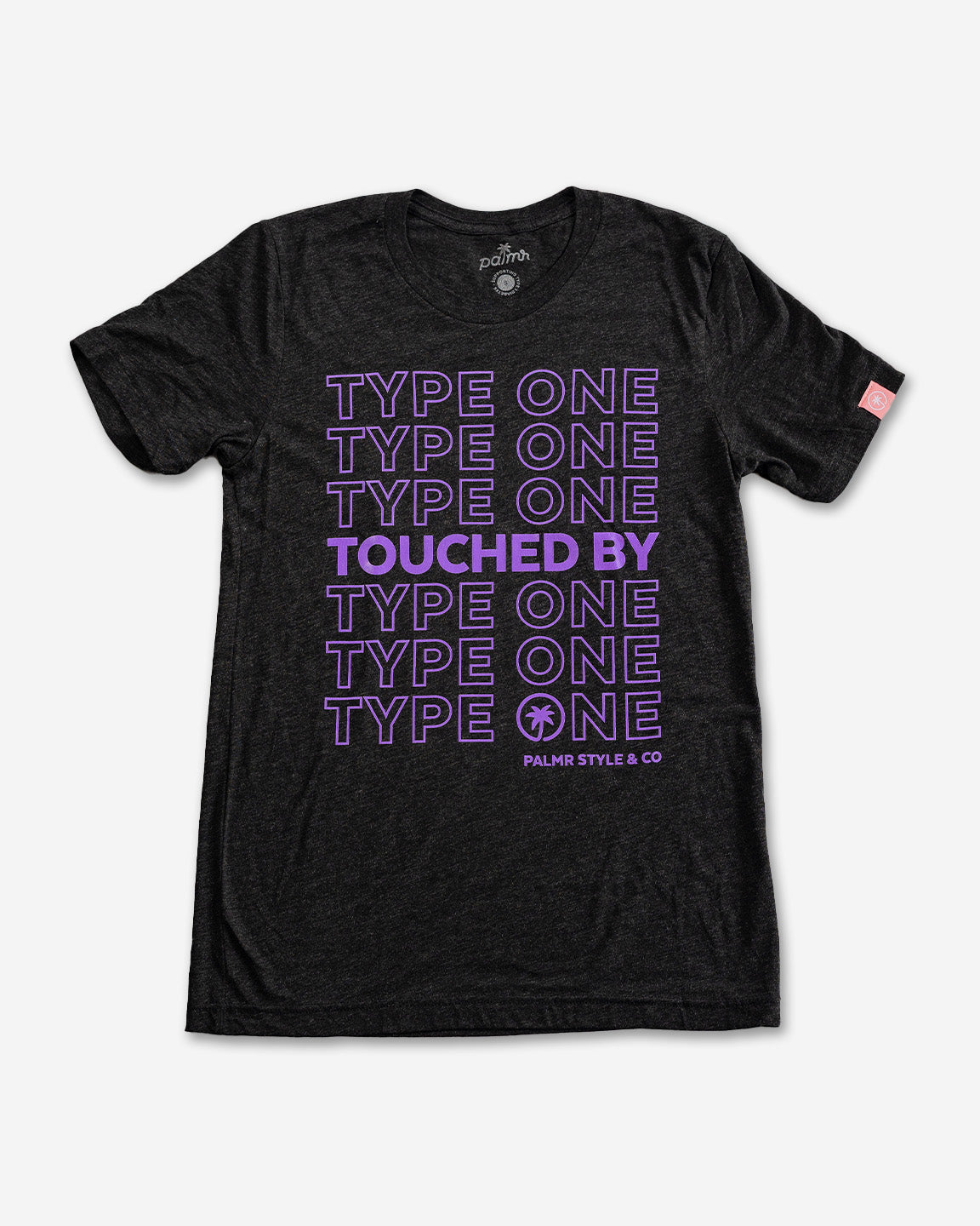 Palmr Style Unisex Touched By Type One Black Tee Supporting T1D Soft Short Sleeve Palm Tree Resort wear Self-Care