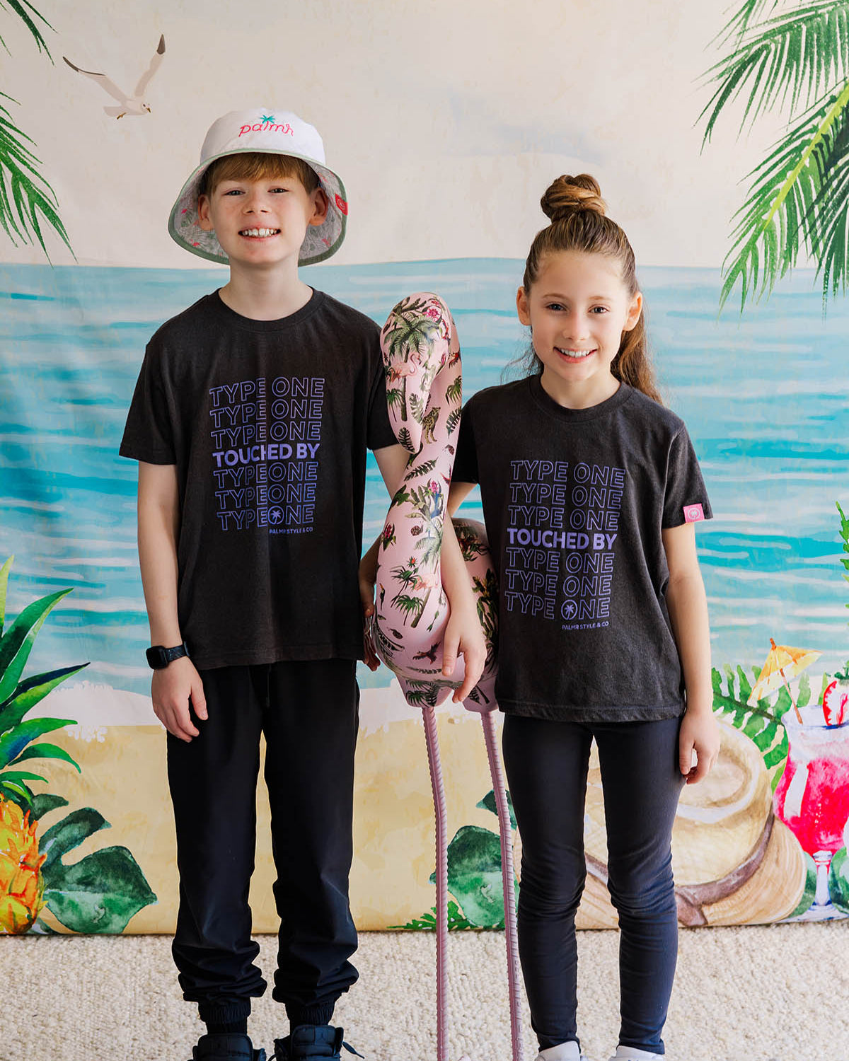 Palmr Style Youth Touched By Type One Black Tee Supporting T1D Soft Short Sleeve Palm Tree Resort wear Self-Care